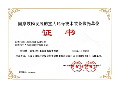 三人行-移動式水處理設(shè)備榮譽證書
